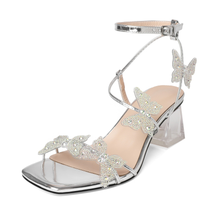 Butterfly Rhinestone Block Heel Sandals – SAMMITOP Open Toe