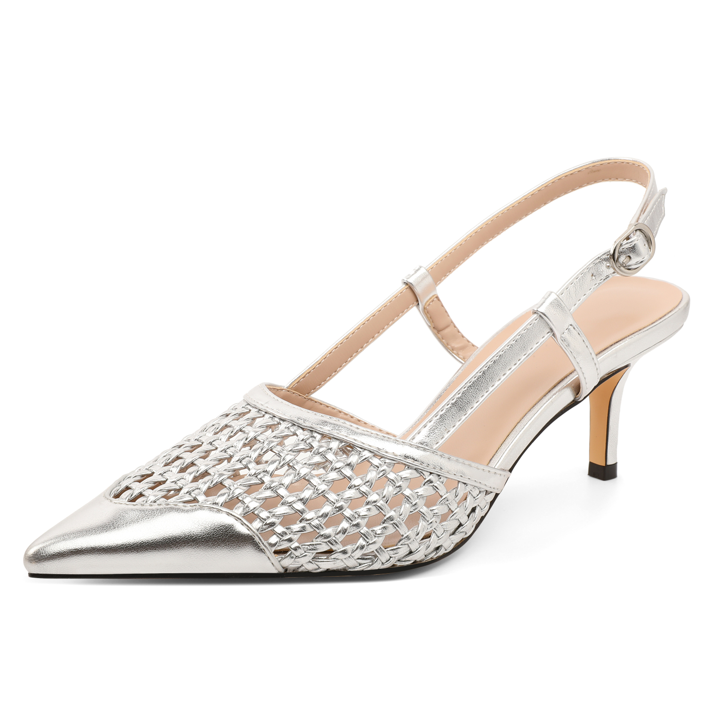 SAMMITOP Silver woven pointed toe slingback heels for women, cutout dress shoes with 2.5-inch kitten heel, breathable mesh pumps