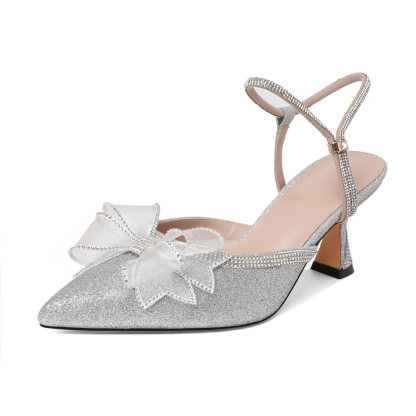 Silver Rhinestone Bow Heels Sparkling Detail Low Heel Pumps
