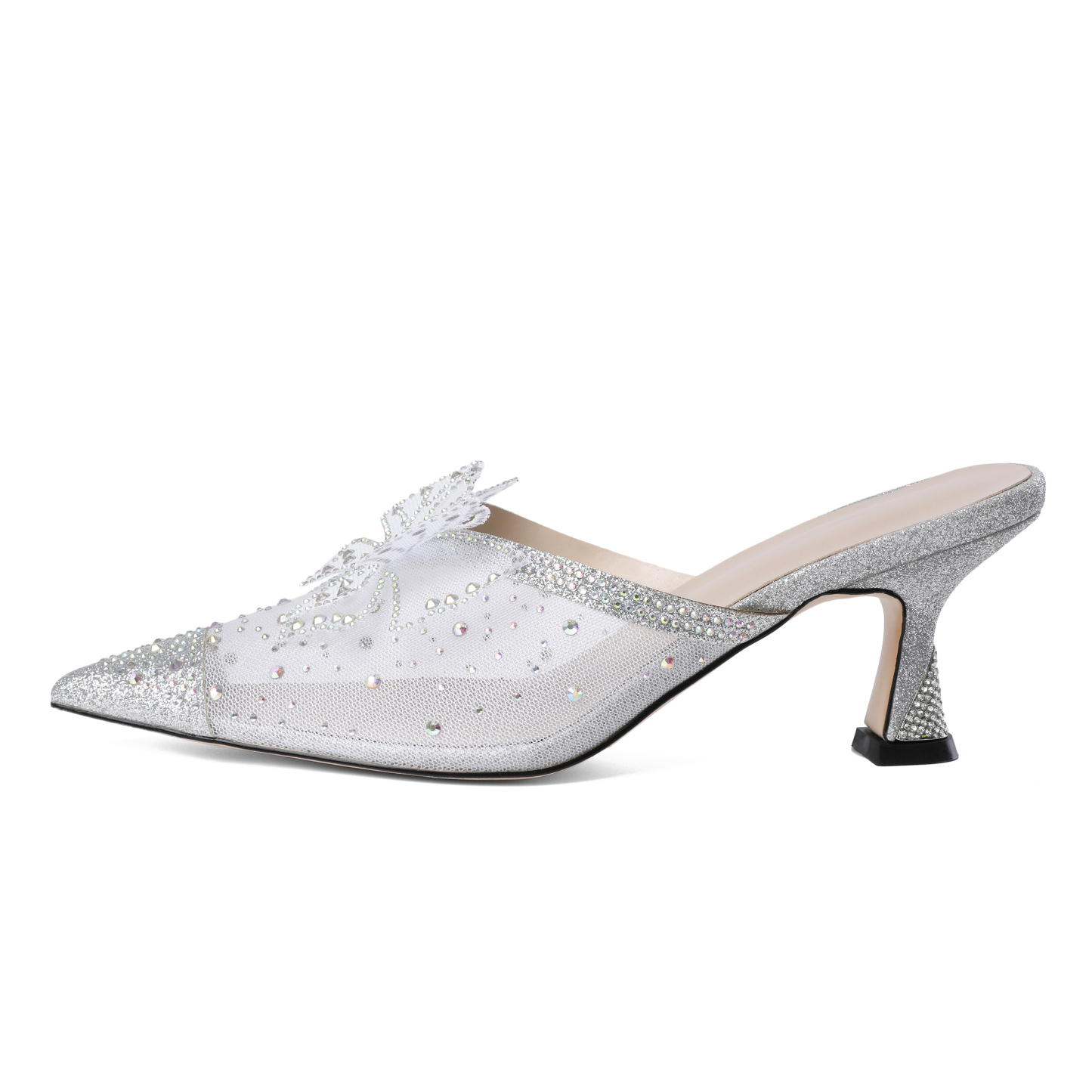 Silver slingback stiletto heels side angle