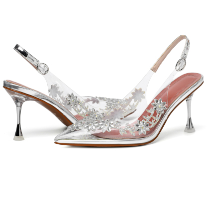 Silver 3.5-inch slingback clear mule sandals with pointed peep toe – SAMMITOP
