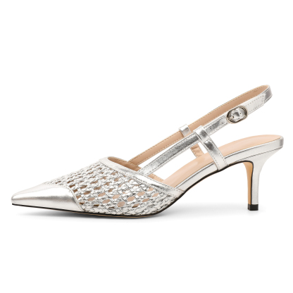 SAMMITOP 2.5 Inch Side view of silver slingback kitten heel with pointed toe and woven cutout design