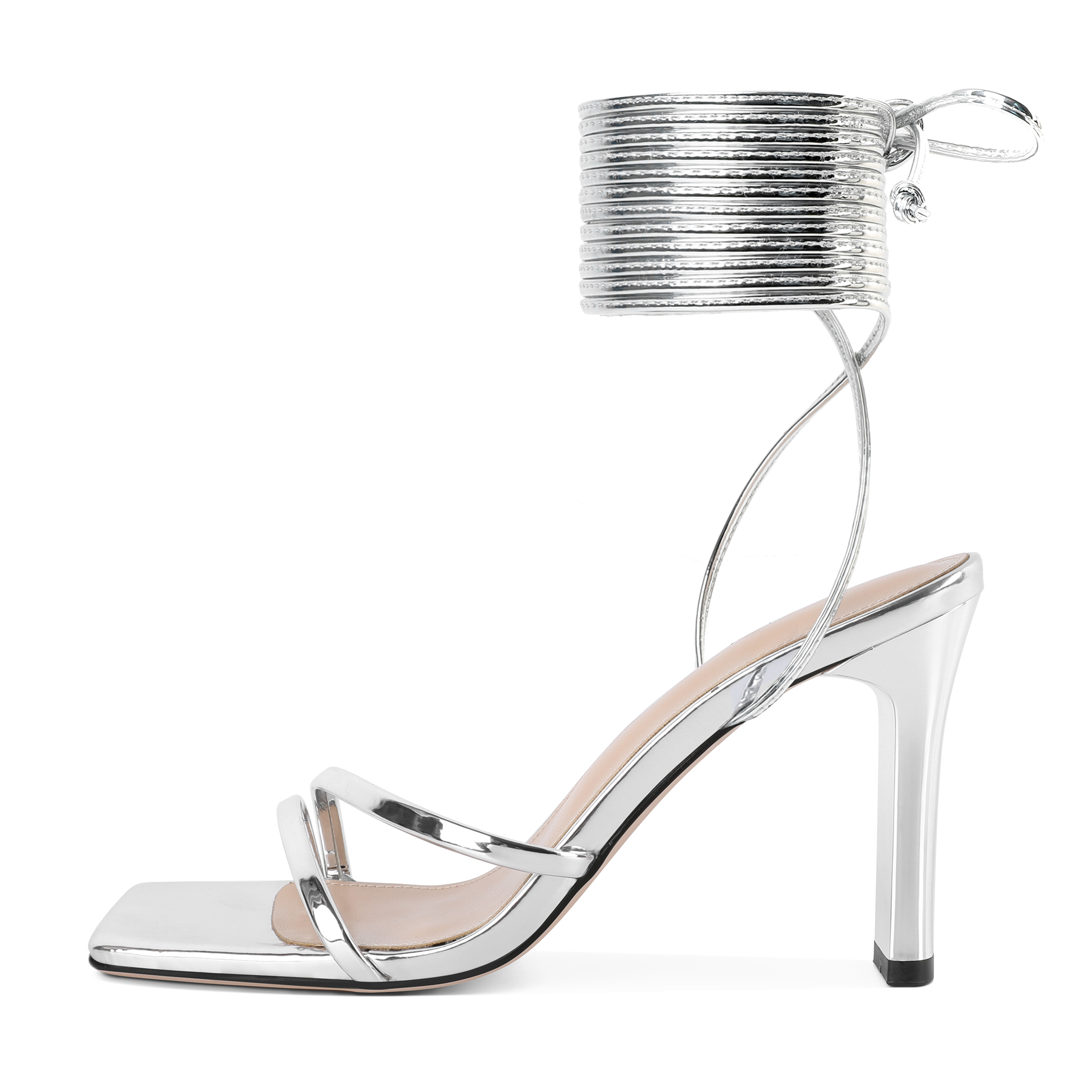 Close-up of silver SAMMITOP heeled sandals with ankle strap