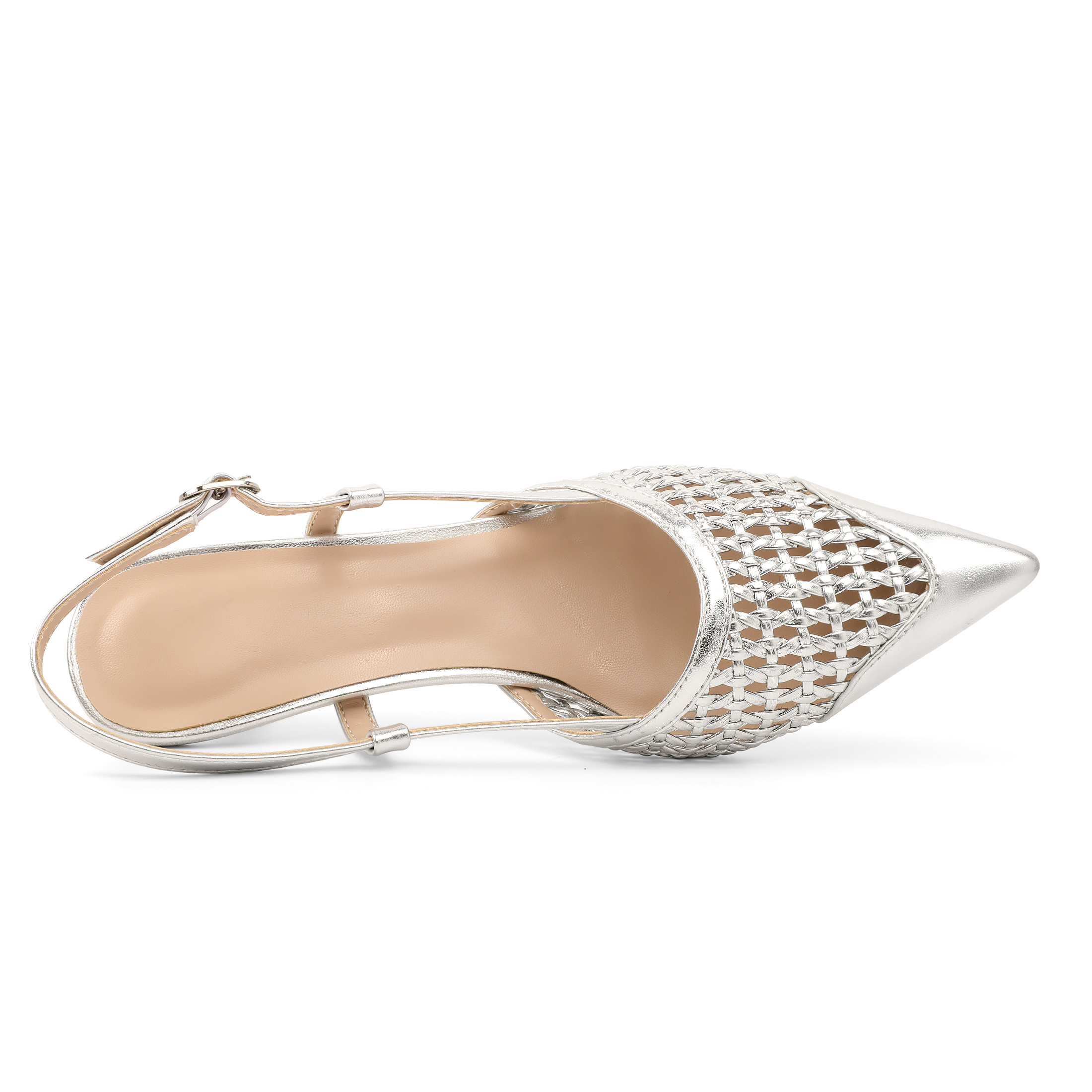 SAMMITOP 2.5 Inch Woven Slingback Pumps Top-down look showing intricate silver weave pattern and pointed silhouette