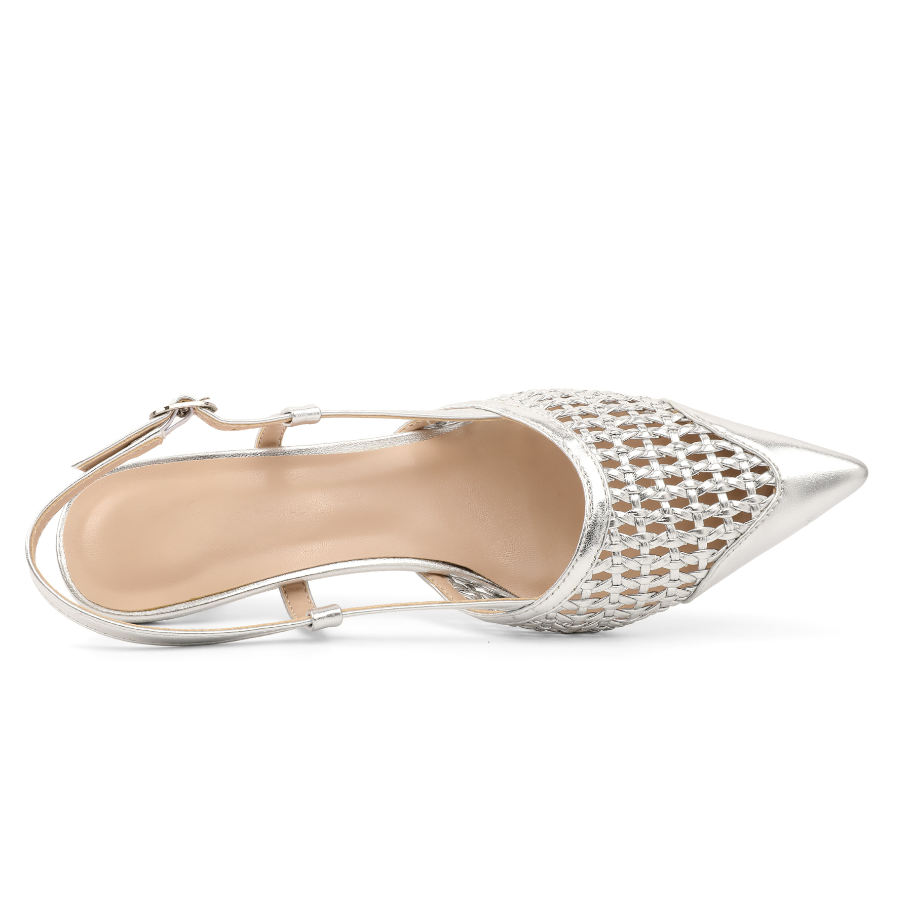 SAMMITOP 2.5 Inch Woven Slingback Pumps Top-down look showing intricate silver weave pattern and pointed silhouette
