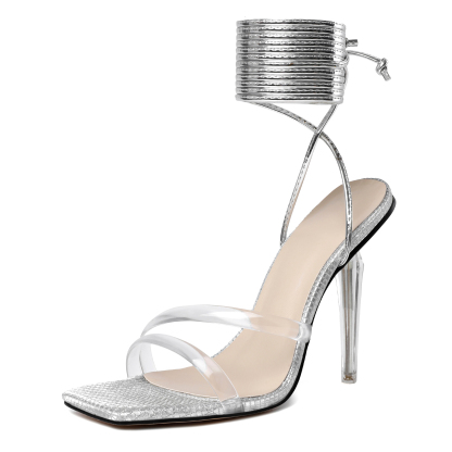 Silver metal transparent strap open toe stilettos, fashionable design