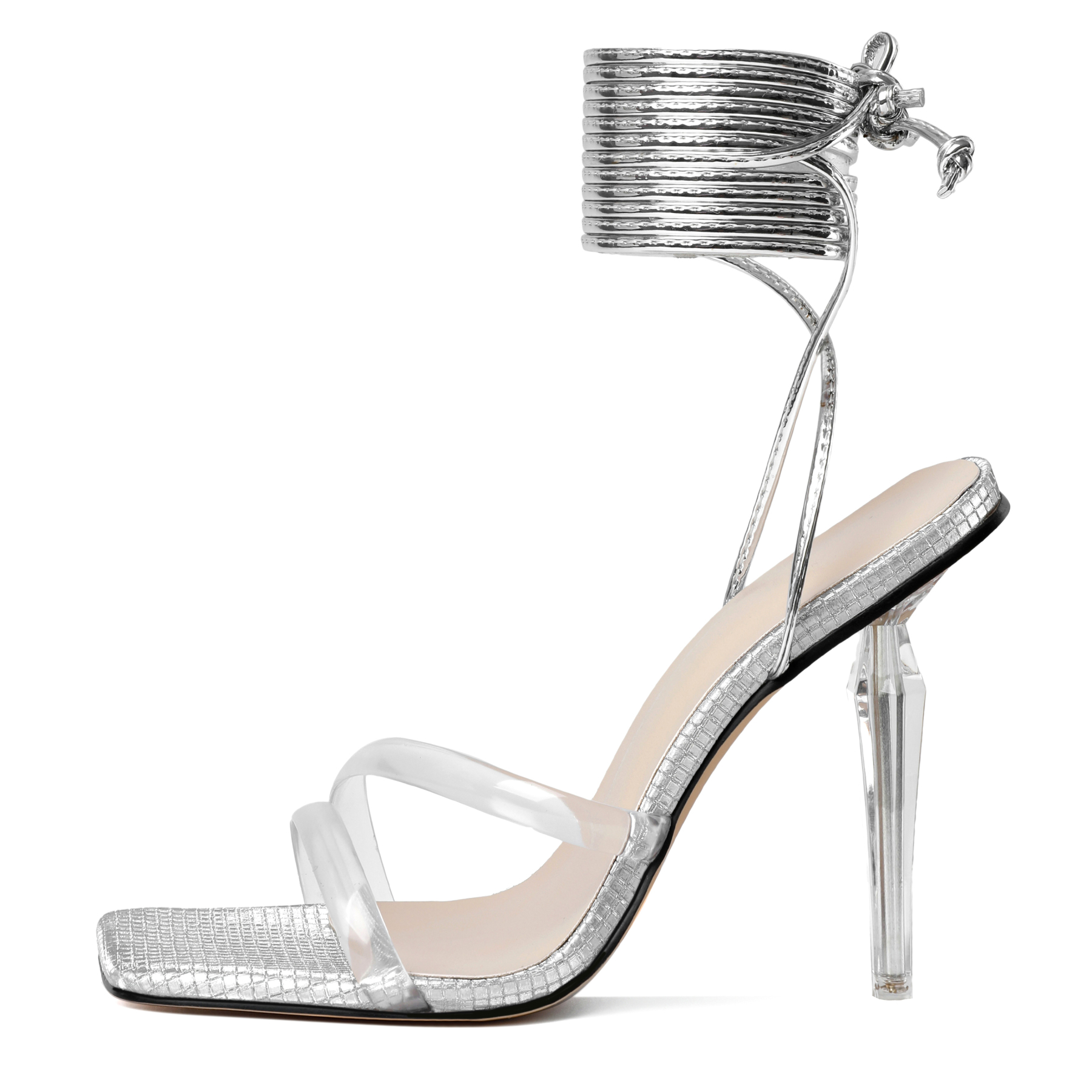 Side profile of high heel sandal highlighting the 4-inch stiletto heel and wrap-around ankle strap