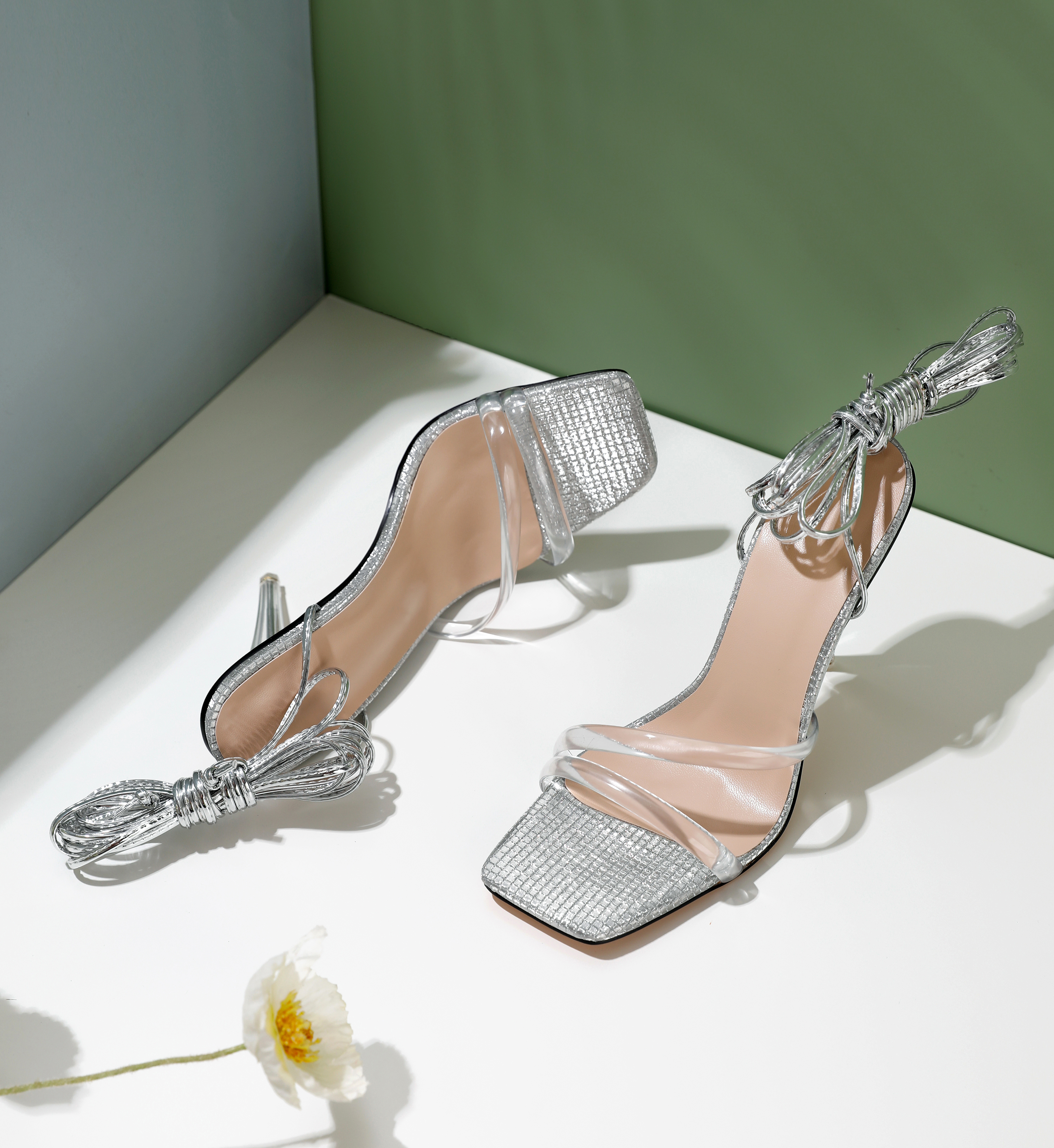 SAMMITOP 4 Inch Rhinestone Lace-Up Clear Sandals