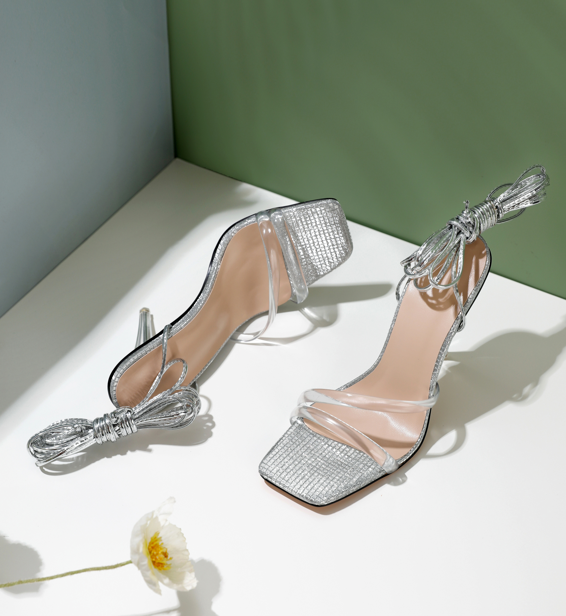 SAMMITOP 4 Inch Rhinestone Lace-Up Clear Sandals