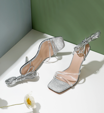 SAMMITOP 4 Inch Rhinestone Lace-Up Clear Sandals