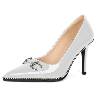 Women's white high heel pumps with pointed toe, stiletto heel, and bow accent