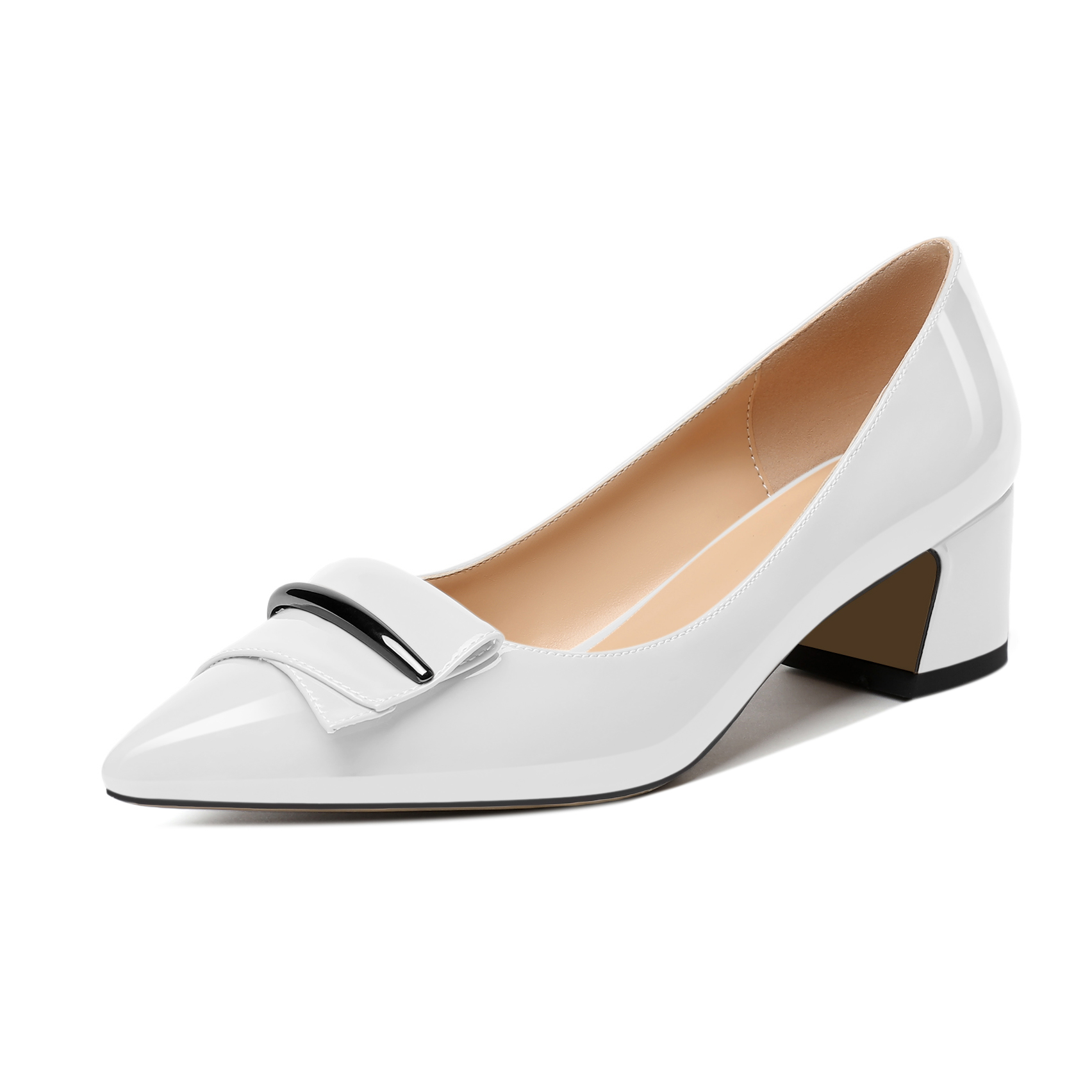 White chunky heel slip-on dress shoes