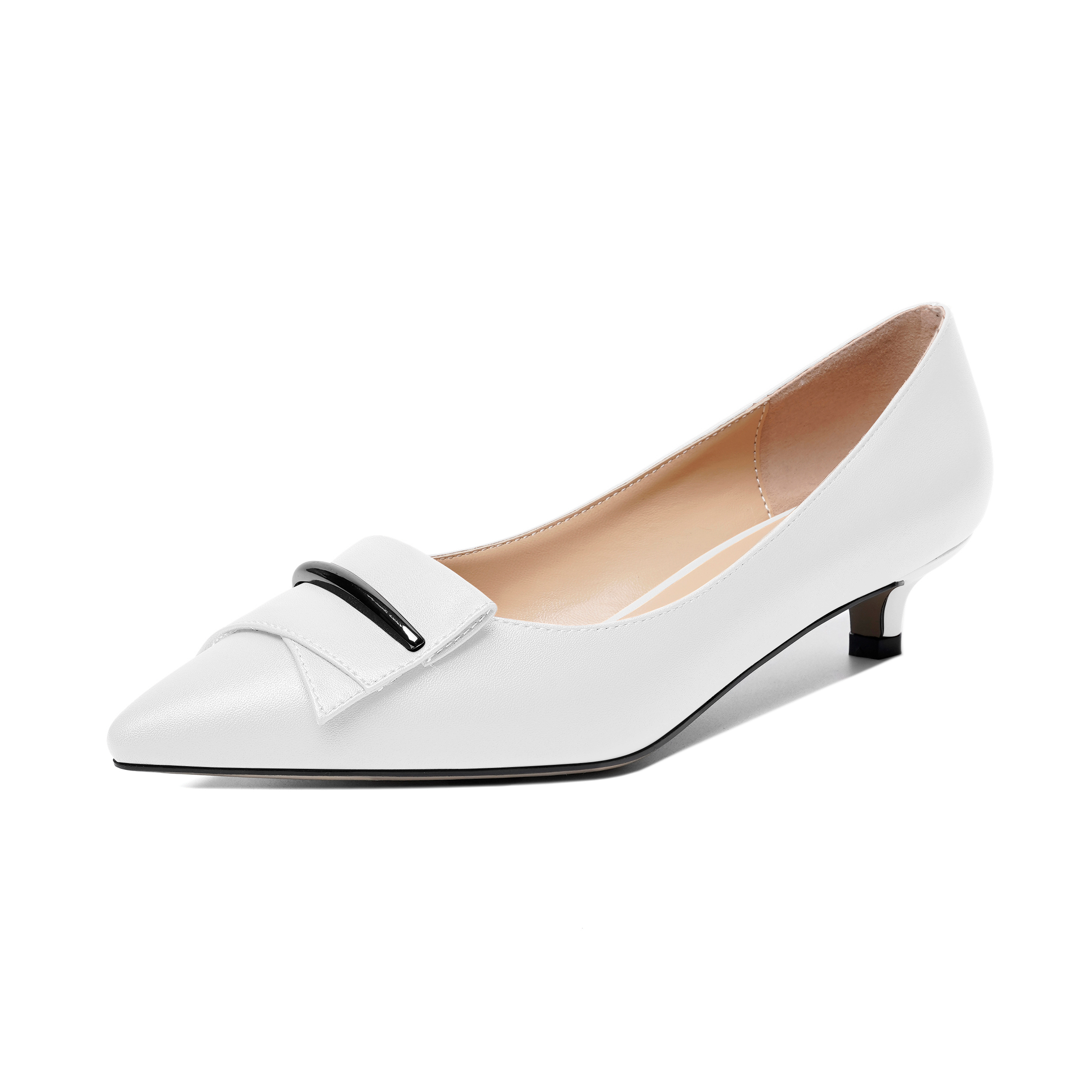 White pointed toe slip-on shoes with low heel and bow