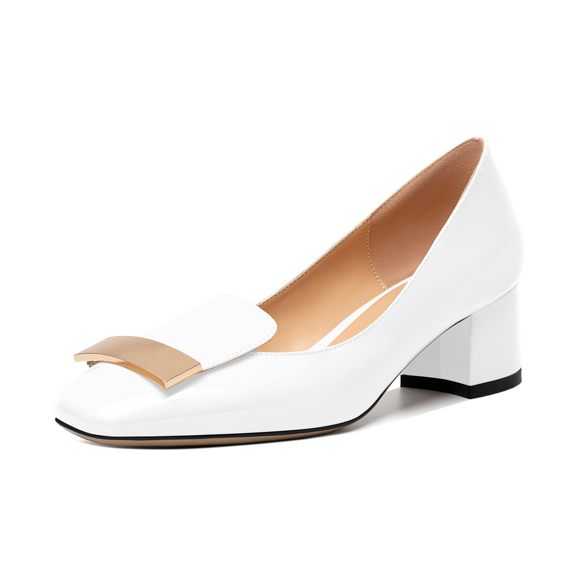 White 2 inch square toe block heel pumps for women