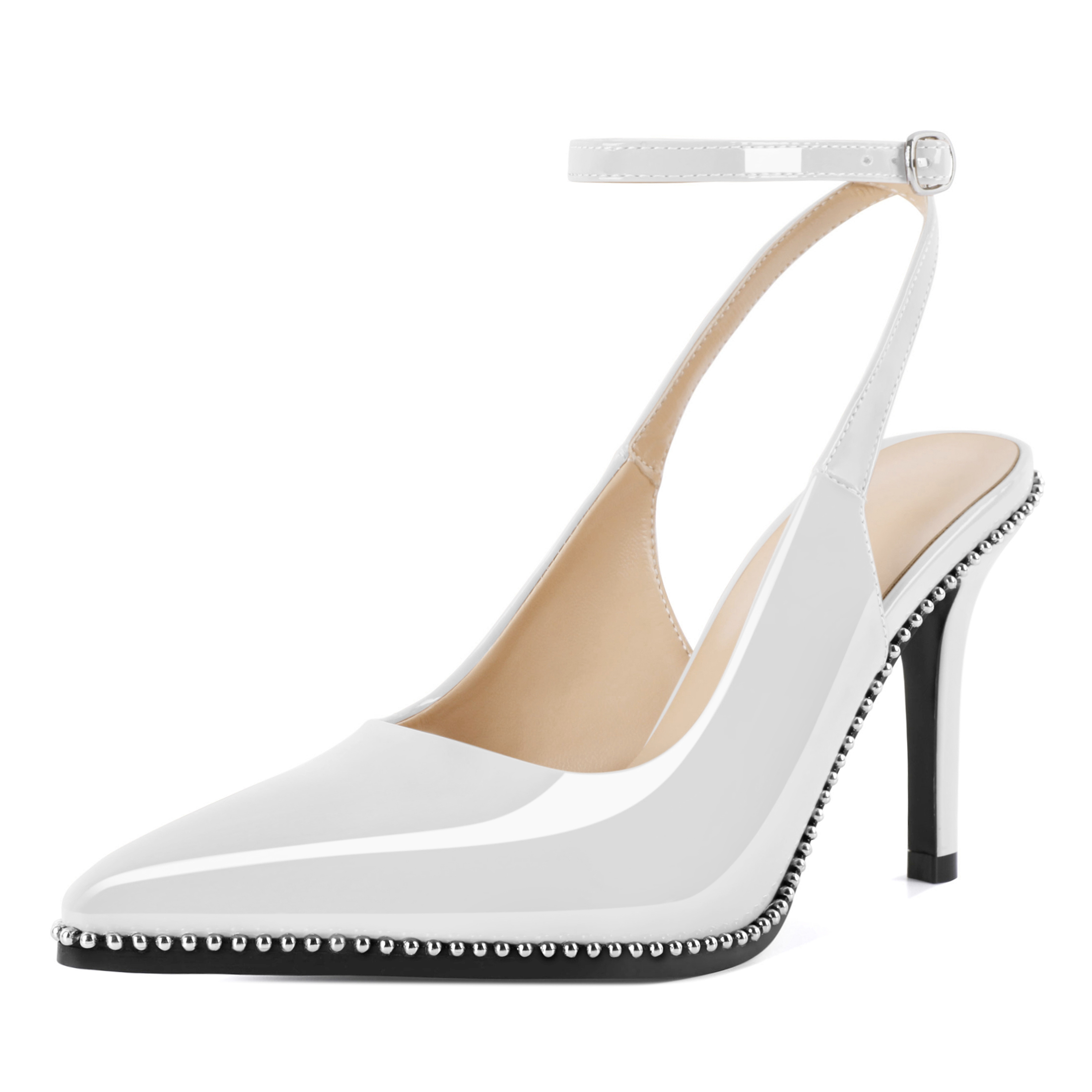 Elegant white slingback pumps with ankle strap and 3.5-inch heel