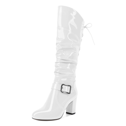 White patent leather tall boots with block heel and round toe