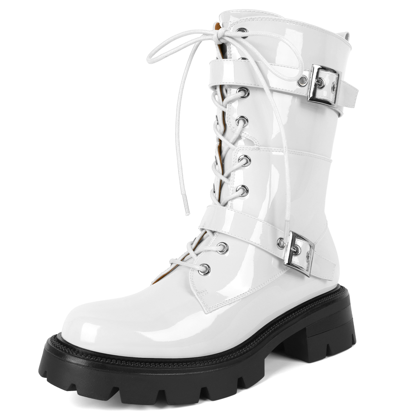 White lace-up combat boots for women with platform sole