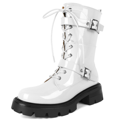 White lace-up combat boots for women with platform sole