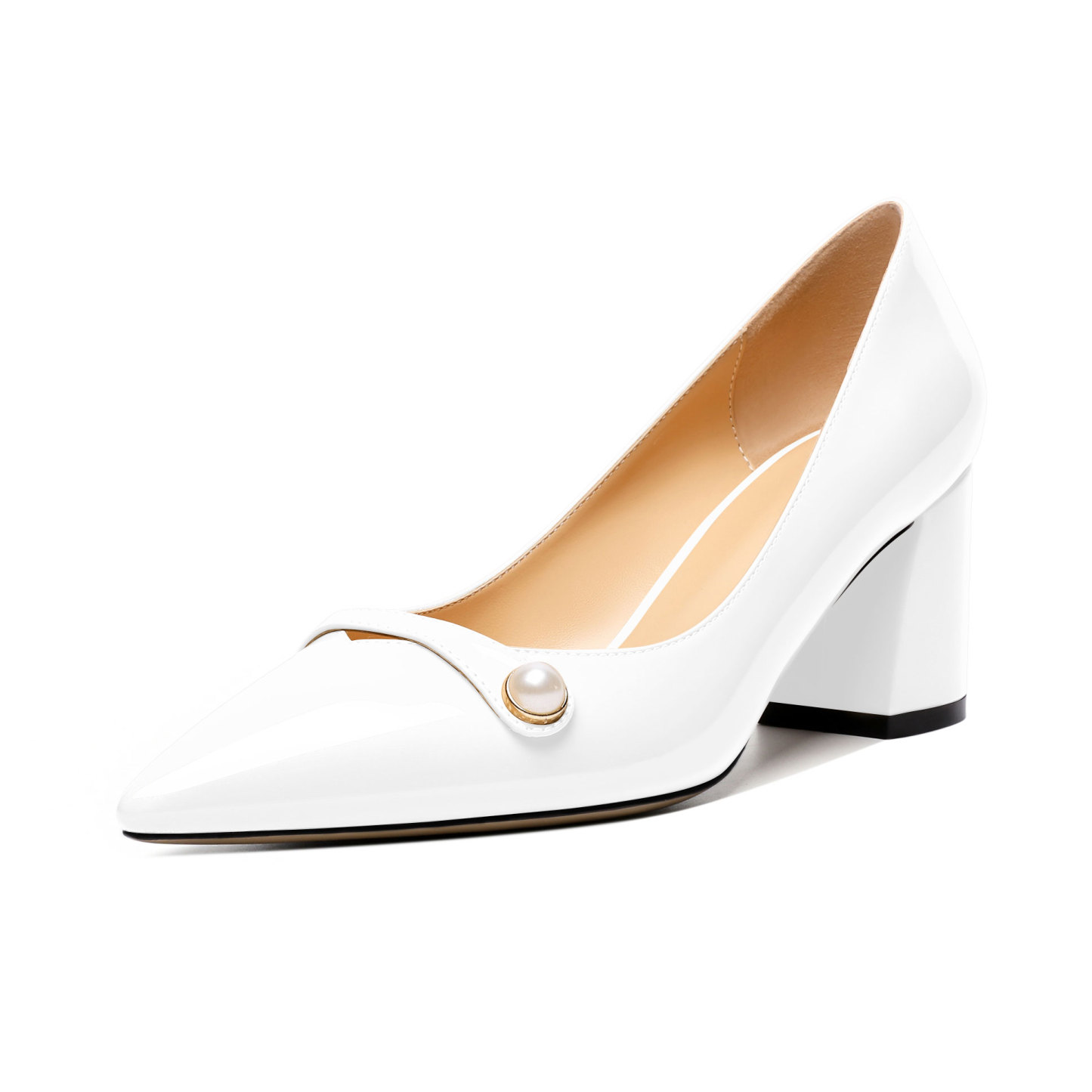 White mid heel pumps with pearl detail and block heel – SAMMITOP