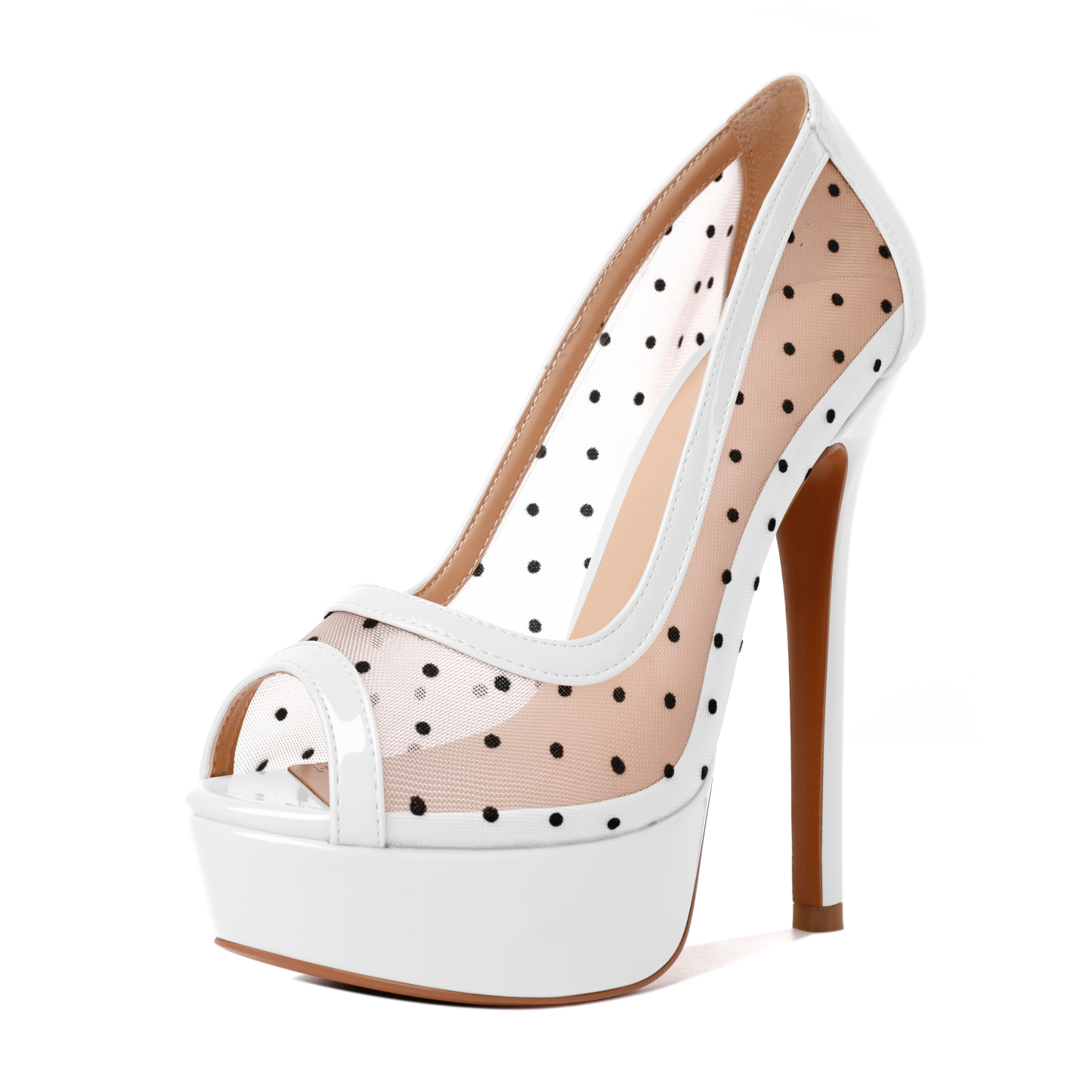 SAMMITOP white mesh polka dot high heel pumps with platform