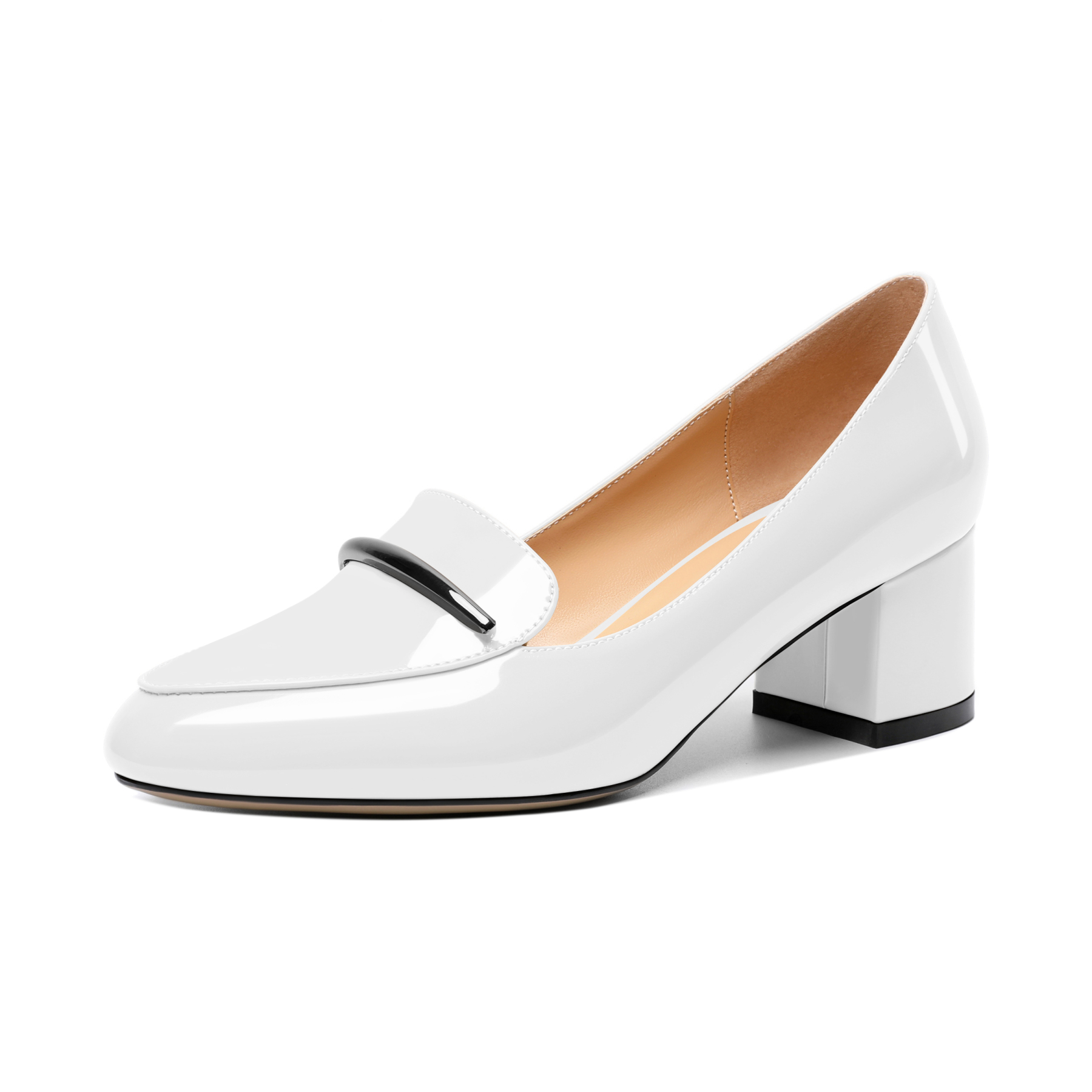 SAMMITOP white slip-on loafers for women with low block heel