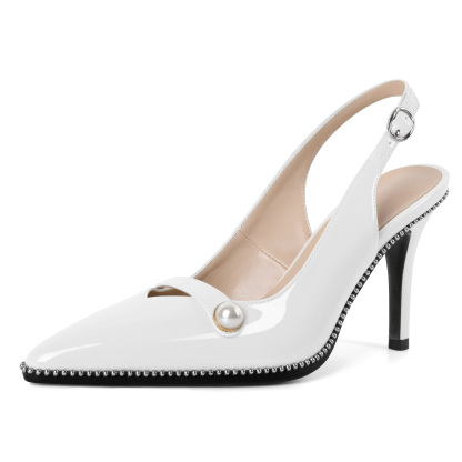 SAMMITOP white pointed toe dress pumps with slingback strap and pearls