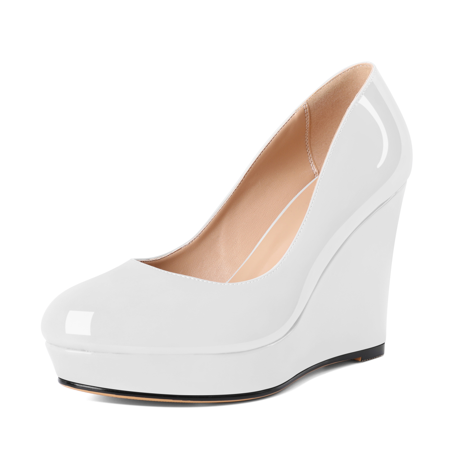 White wedge platform pumps with slip-on design for women