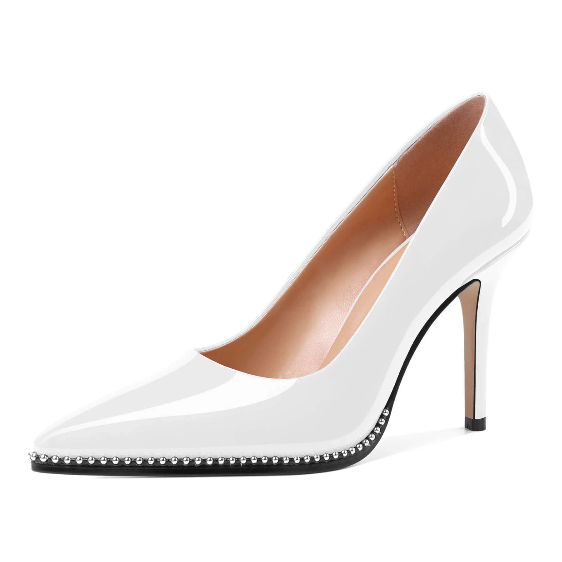 White beaded pointed toe heels in glossy patent leather