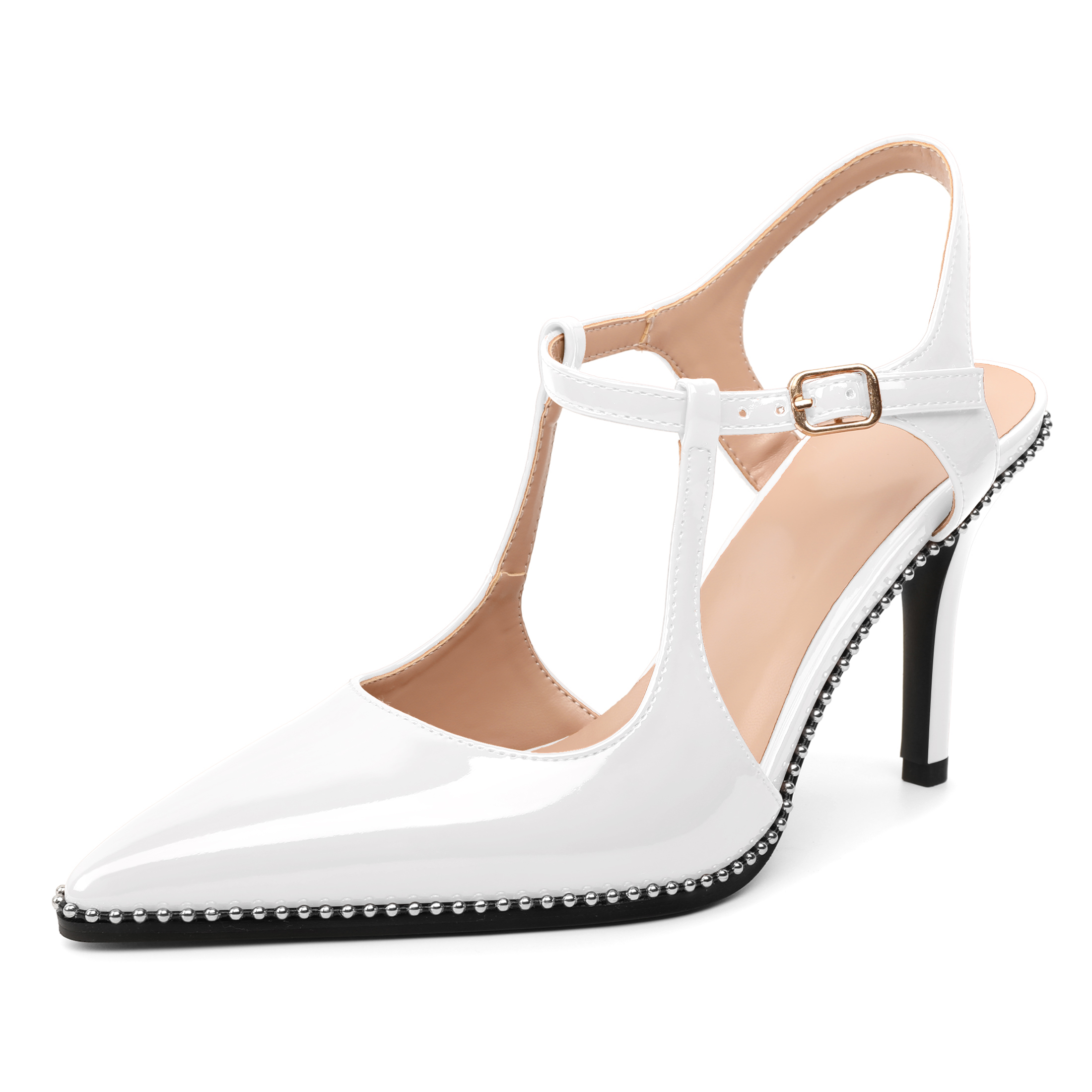 White pointed toe high heel pumps with beads and ankle strap