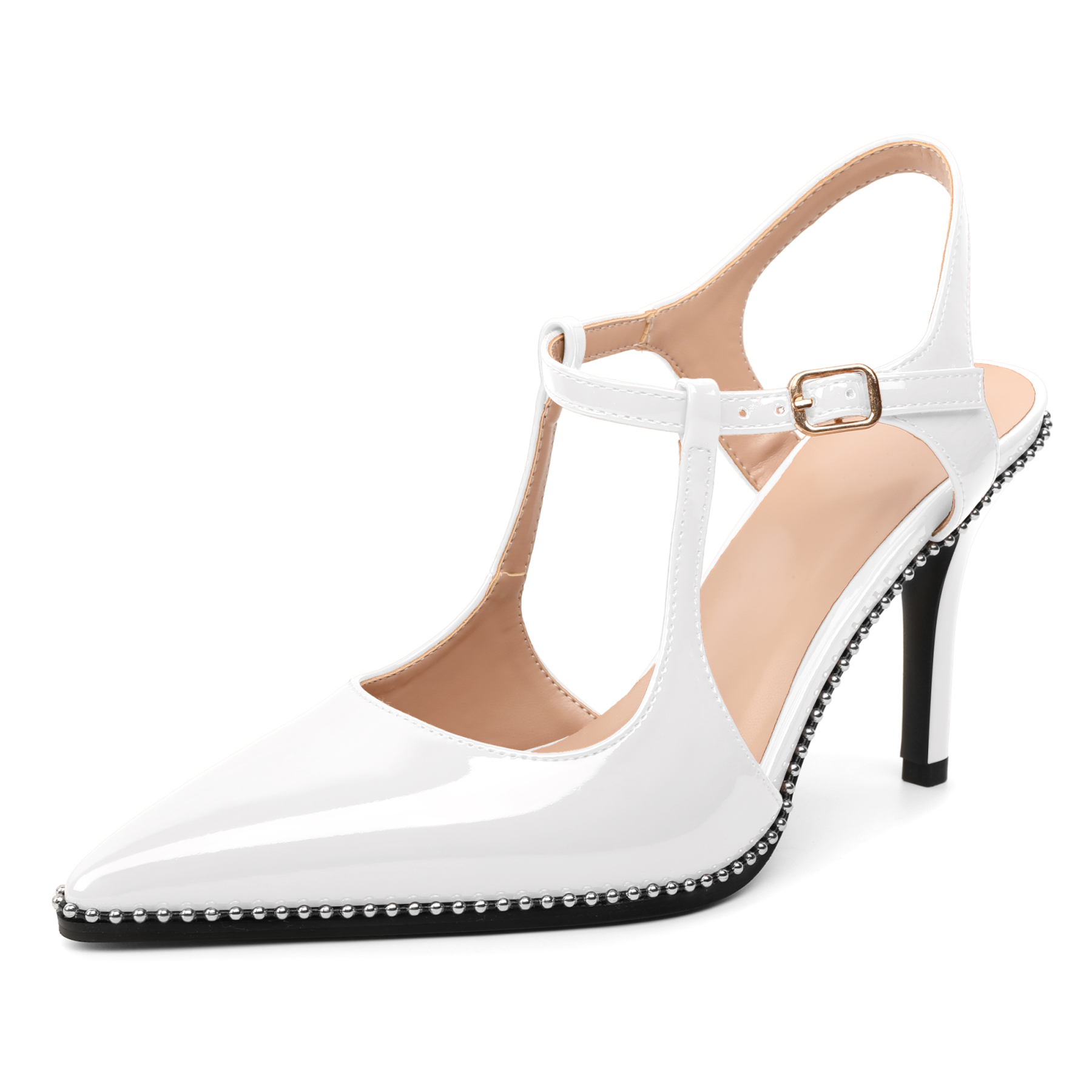White pointed toe high heel pumps with beads and ankle strap