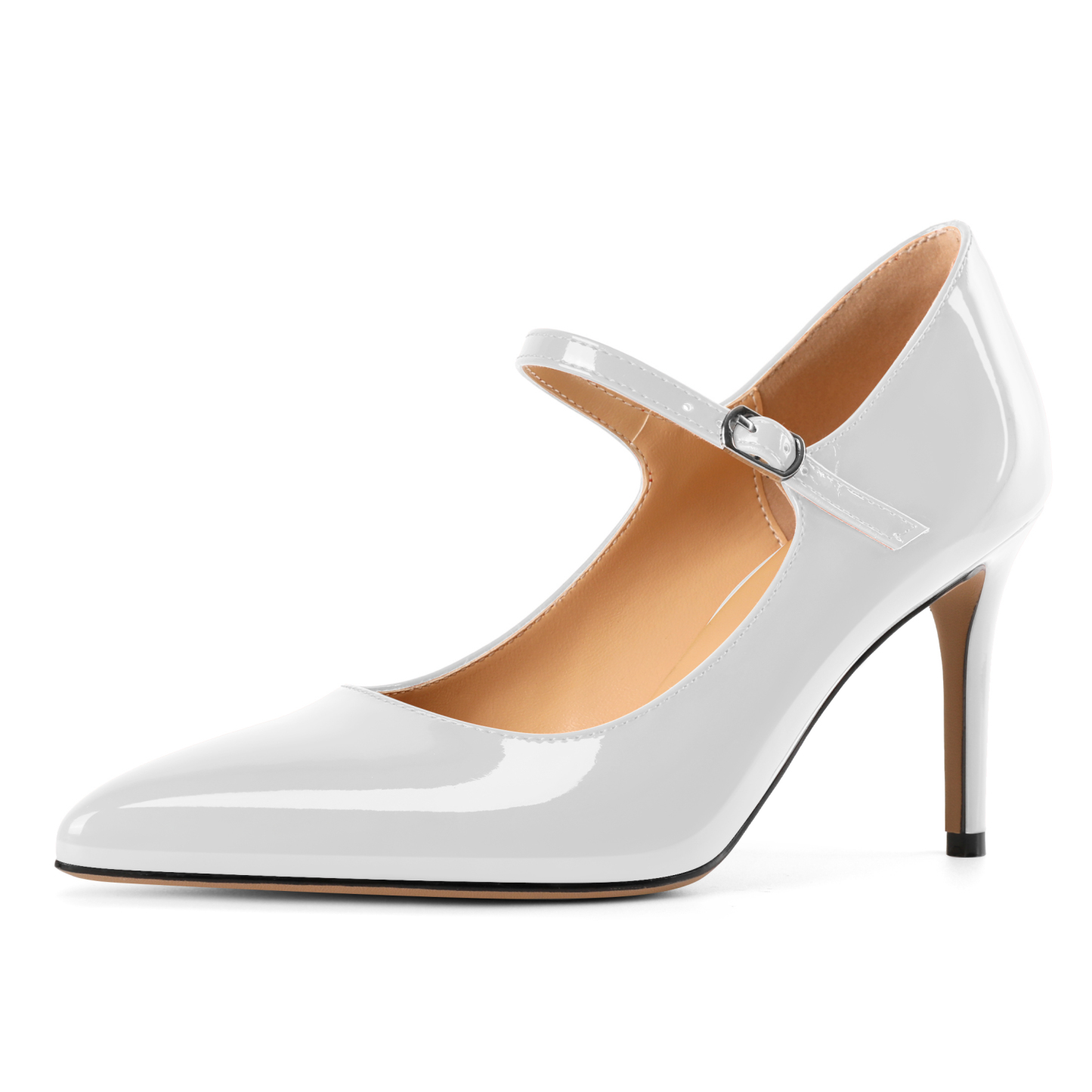 White pointed toe Mary Jane pumps for women party and work