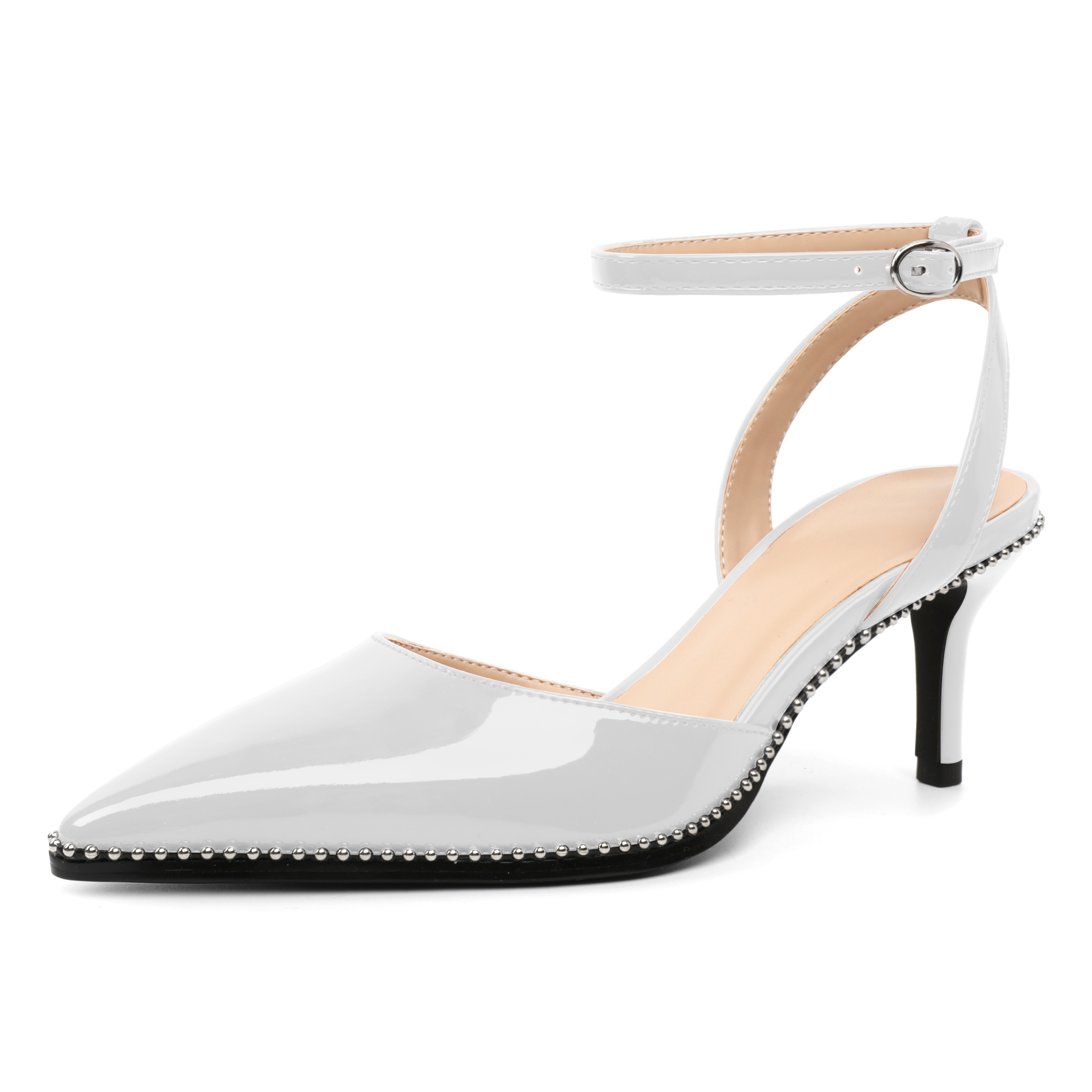 White low heel pumps with silver beading and wrap ankle strap