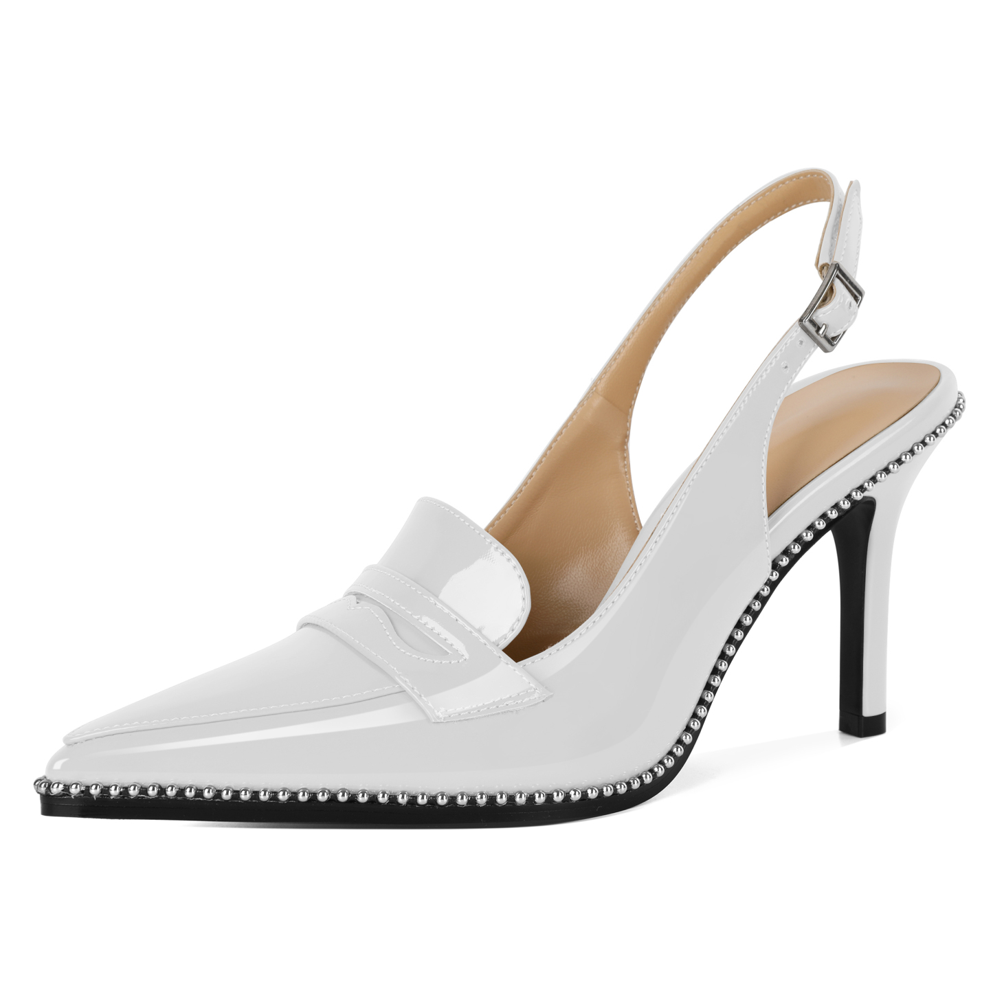 White high heel slingback pumps with beaded toe detail and 3.5 inch heel