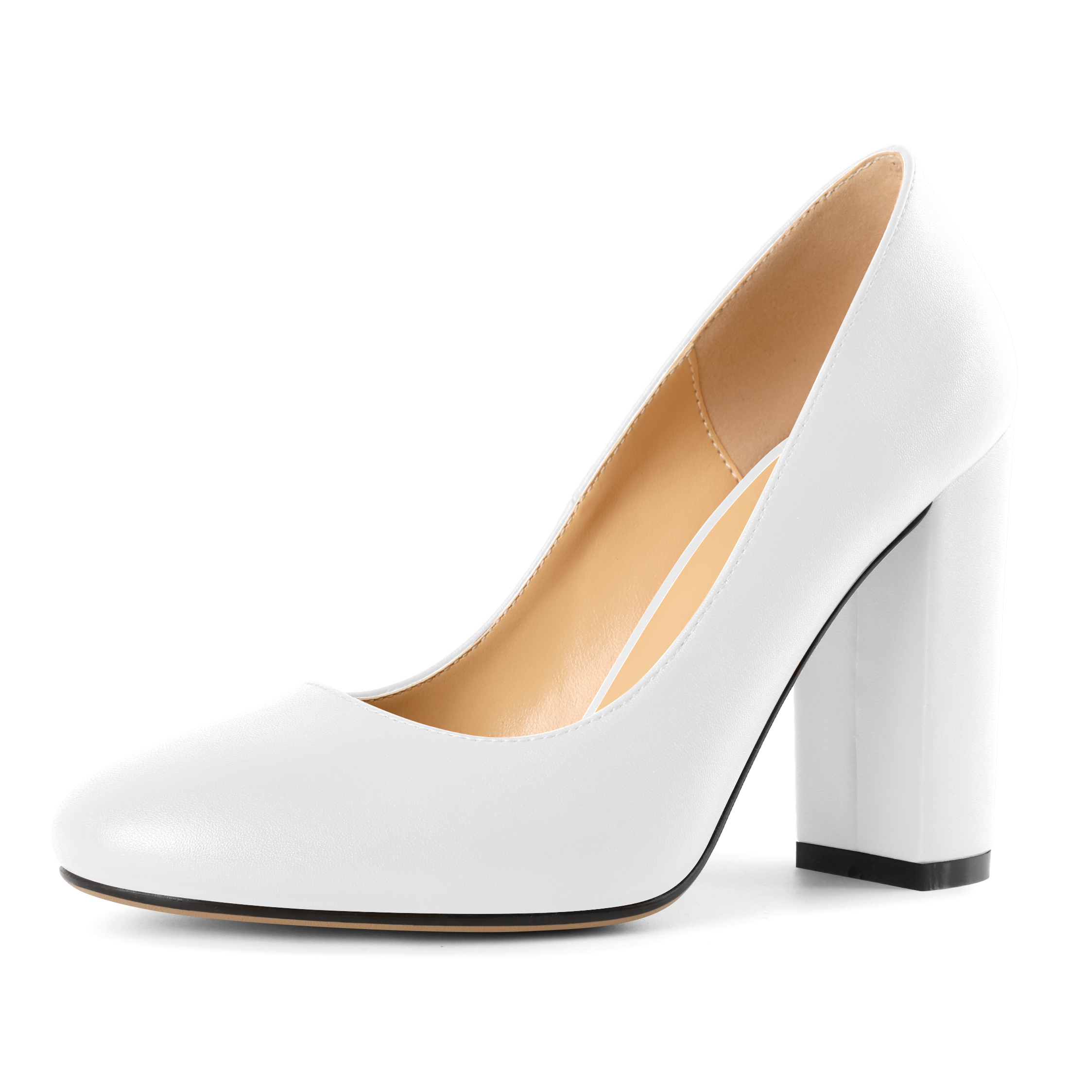 White dressy block heel pumps with rounded toe and high heel