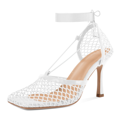 White square toe mesh dress heels with lace up ankle straps