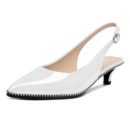 White low heel slingback pumps with beaded pointed toe