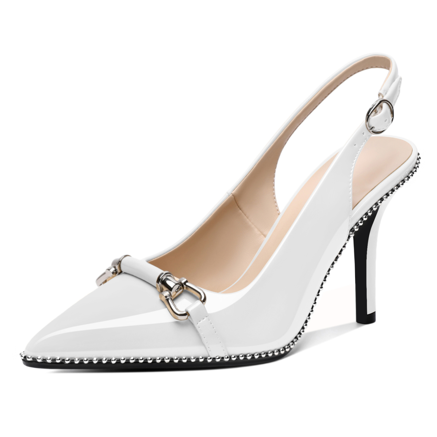 White pointed toe slingback pumps with 3.5 inch heel and beads