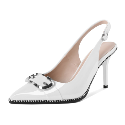 White slingback stiletto heels with beaded detail and sleek design