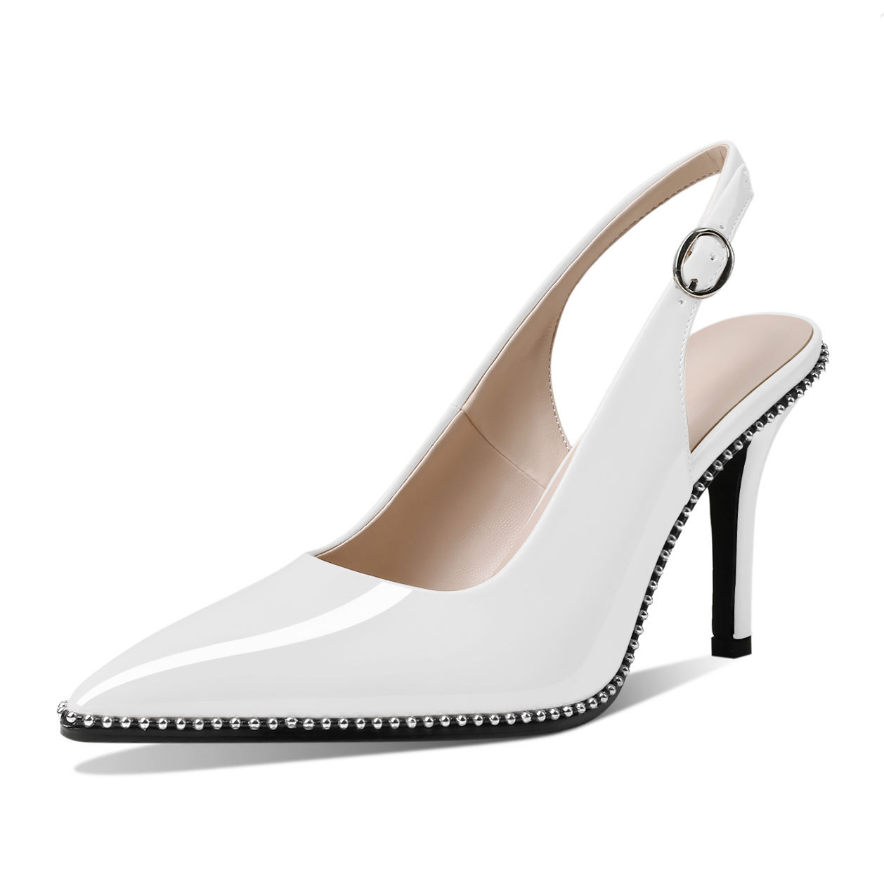 White SAMMITOP Slingback High Heels with Silver Beading and Ankle Strap