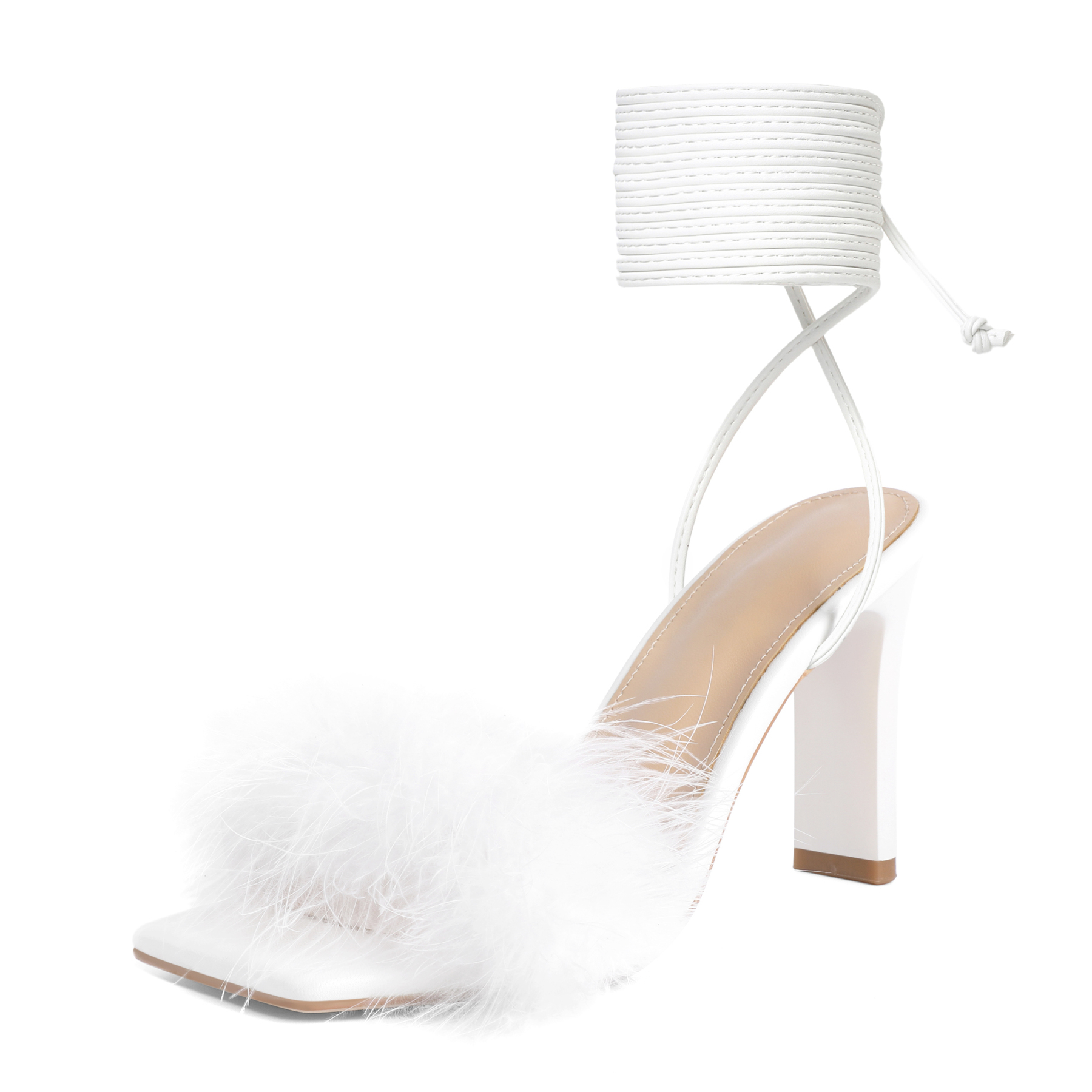 SAMMITOP White Strappy Chunky Heels with ankle straps