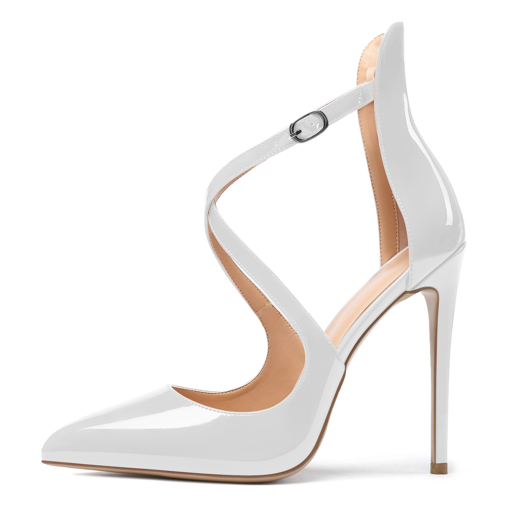 Elegant white stiletto pumps with ankle buckle strap