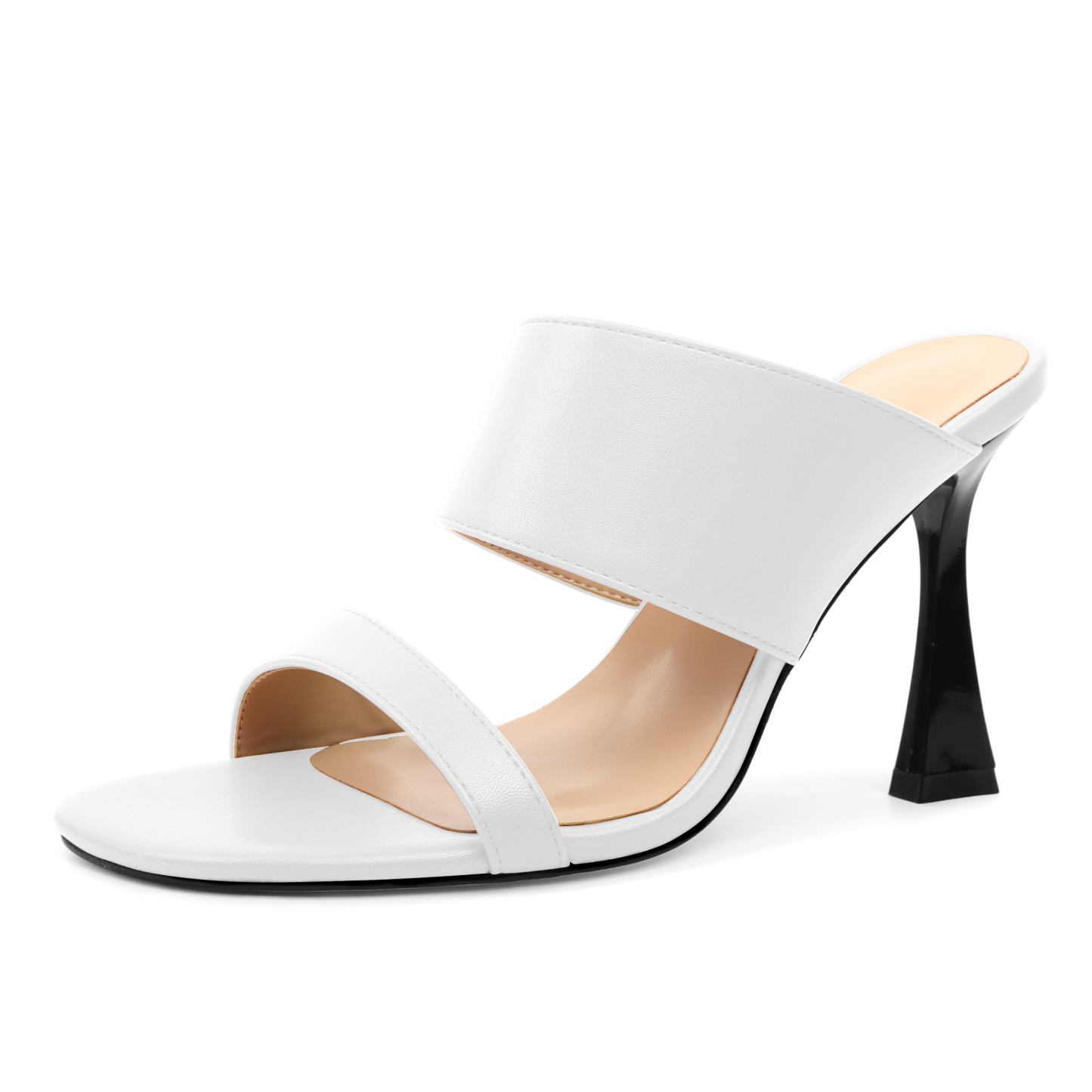 SAMMITOP 3.9 Inch White Minimalist Double Band Heels in PU Leather

