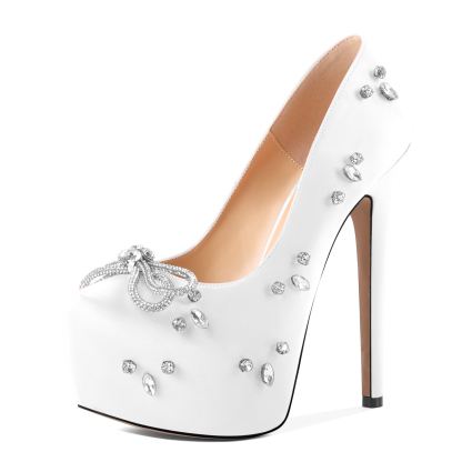 Clean white satin finish adorned with crystal shimmer — timeless and elegant, perfect for bridal looks or summer evenings.