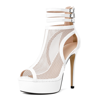 SAMMITOP 5.5 Inch White Mesh Peep Toe Platform Boot With Zipper