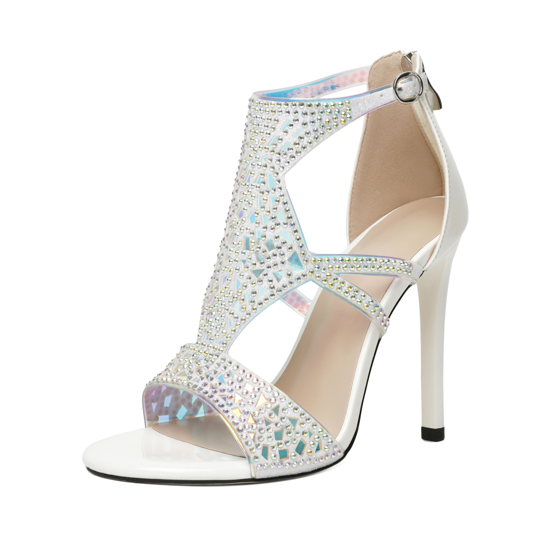 SAMMITOP 4 Inch white strappy rhinestone heels for women with stiletto heel