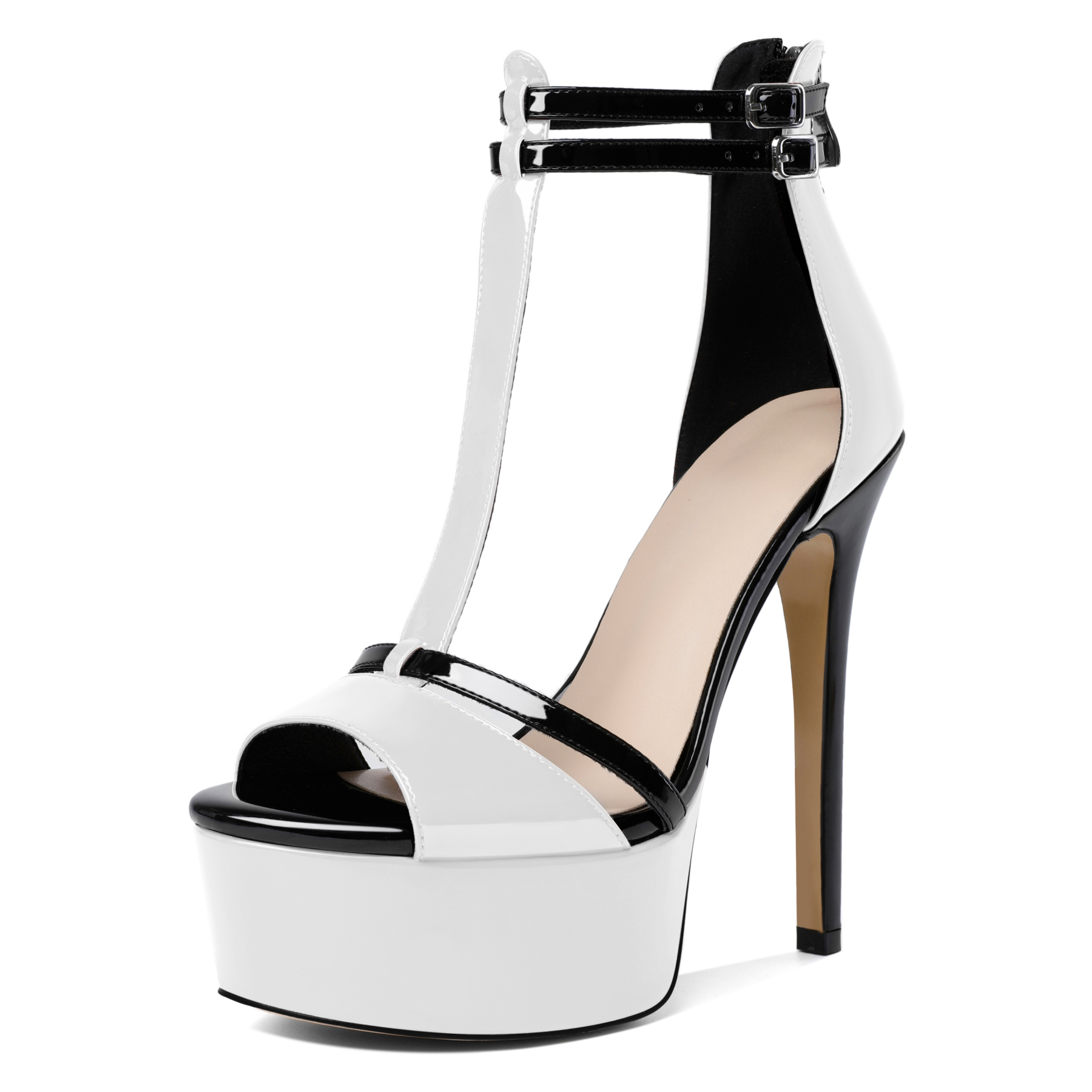 SAMMITOP white stiletto heel mules with T-strap and back zipper