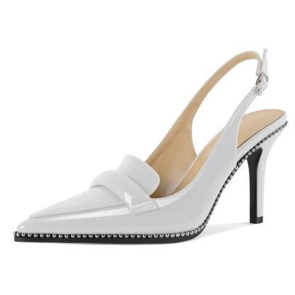 SAMMITOP women's white slingback beaded stiletto heels with adjustable buckle