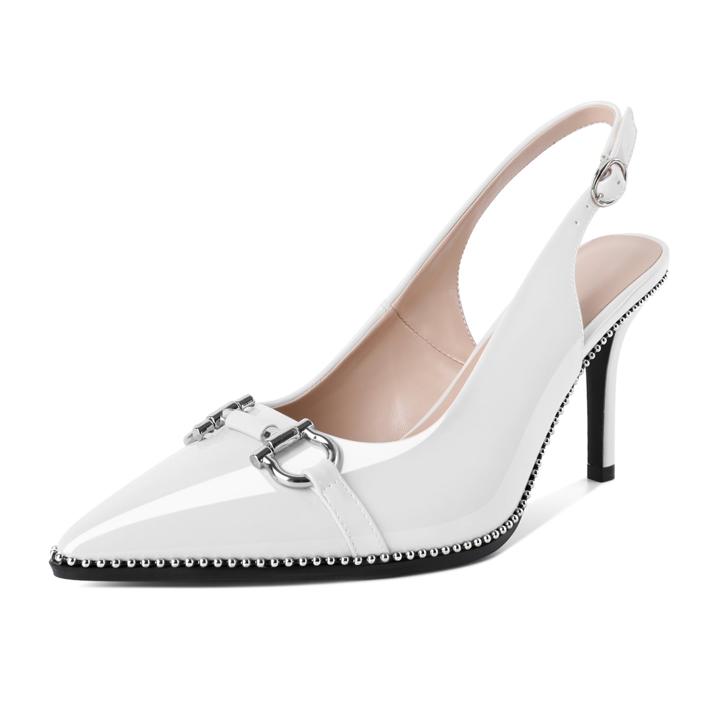 Women's white patent leather slingback pumps with ankle strap and beaded trim