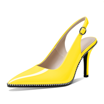Yellow Patent Leather Slingback Stiletto Heels with Silver Bead Embellishment