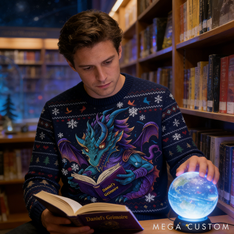 Personalized Magic Dragon Ugly Christmas Sweater Gift for Librarians and Reading Enthusiasts